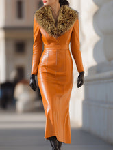 MadeJean Orange Faux Leather Maxi Dress with Chic Fur Collar Detail