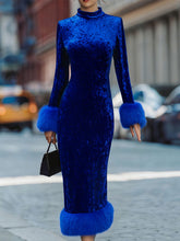 MadeJean Opulent Royal Blue Velvet Dress with Feather-Trimmed Finish