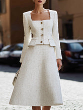 MadeJean Elegant White Tweed Square-Neck Jacket Skirt Set
