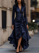 MadeJean Midnight Blue Draped Satin Maxi Dress with Ruffle Trim