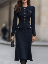 MadeJean Navy Tweed Midi Dress with Decorative Button Details