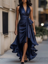 MadeJean Midnight Satin Halter Neck Gown with Ruffle Hem