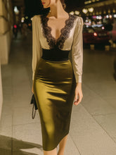 MadeJean Olive Satin Cocktail Dress with Lace Contrast Design